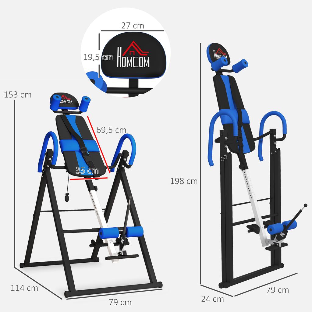 Inversion Table, Foldable, 90° Incline, Safety Belts, 79 x 114 x 153 cm, Blue and Black