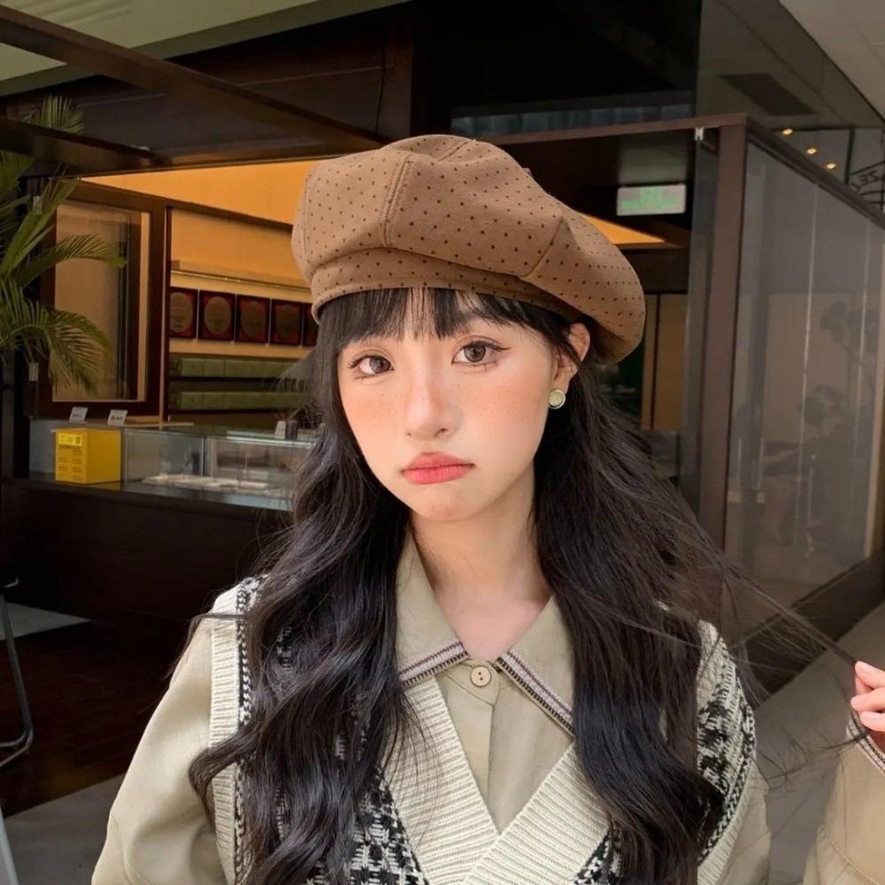 Женская шляпа художника в корейском стиле, теплая, женская восьмиугольная кепка, ретро берет в горошек, осенняя