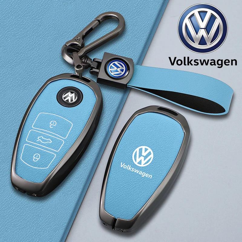 Valve Stems Caps For VOLKSWAGEN VW Zinc Alloy Leather Car Smart Remote Key Case Cover Protector Holder Shell For VW Touareg L20 VG7Y3