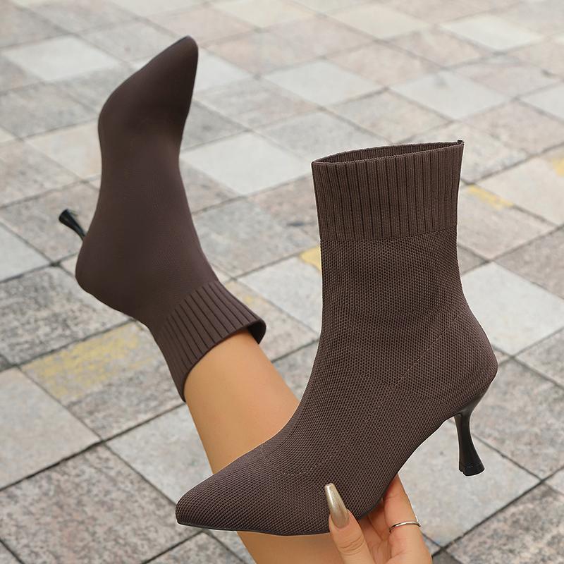 Мода Мода Слипоны Тонкие Вязаные Ботильоны Женские Большого Размера Стрейч Сапоги на Высоком Каблуке Женские Осенне-Зимние Ботильоны-Носки на Тонком Каблуке