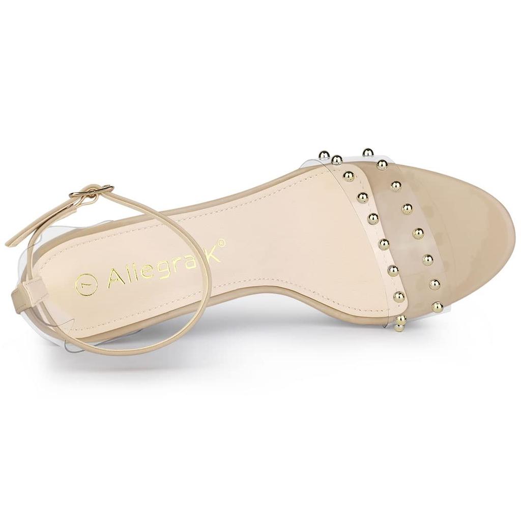 Allegra K Women's Nude Ankle Strap Sandals with Clear Block Heels, Size 23.5cm