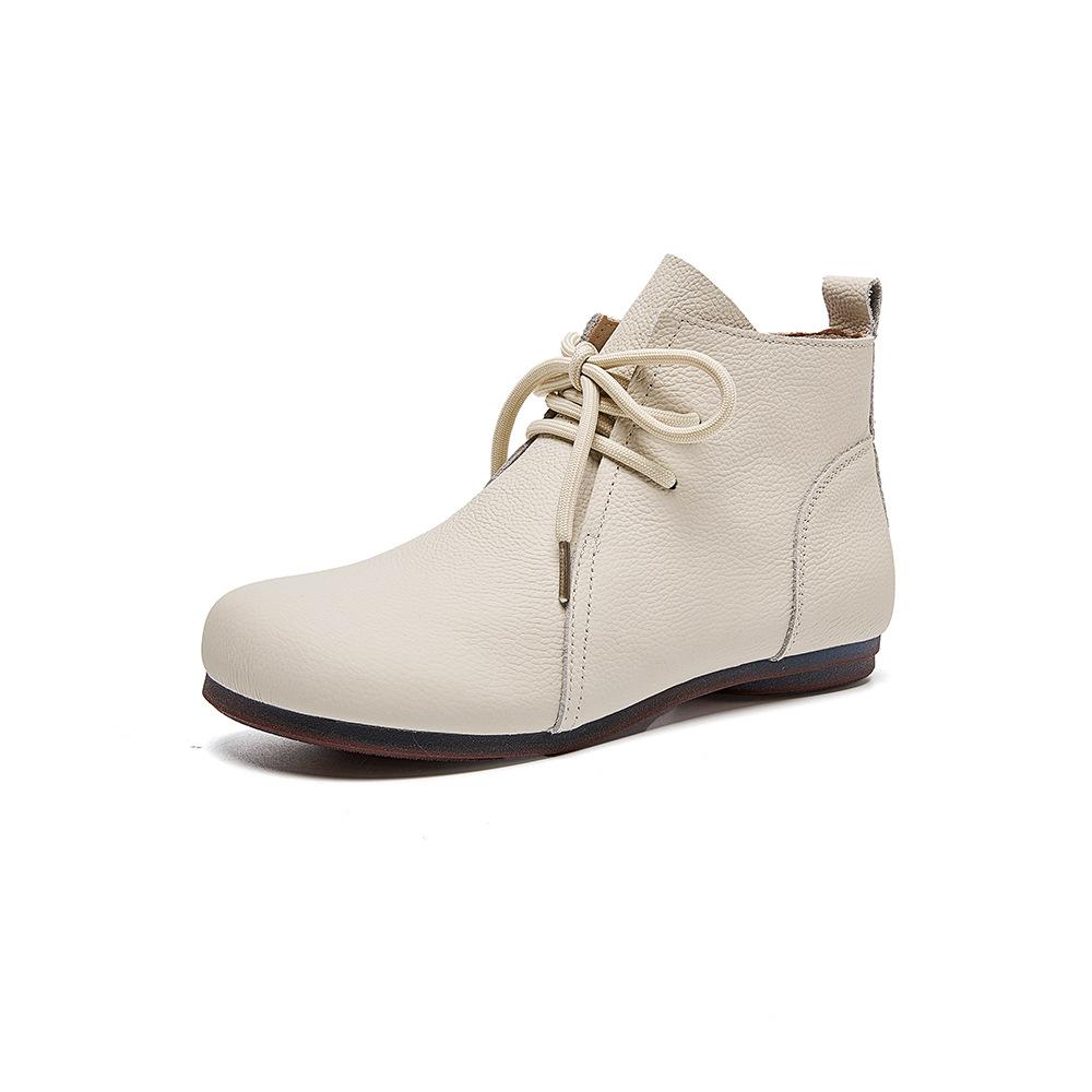 Кожаные Короткие Сапоги Женские Осенние Ботинки на Низком Каблуке Женская Обувь Говяжьи Сухожилия Мягкая Подошва Нескользящие Ботинки на Шнуровке до Лодыжки для Женщин