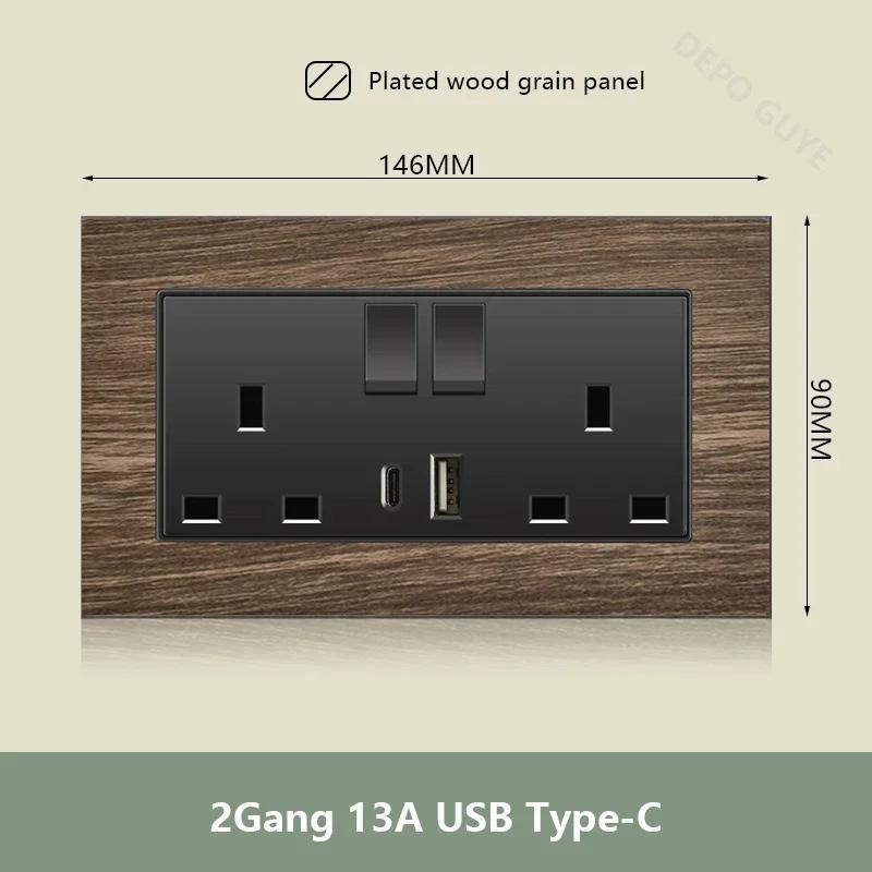 Двойная розетка UK 18W Type-C с функцией быстрой зарядки, универсальная электрическая розетка USB в стиле ретро с отделкой под дерево, электрический настенный выключатель света 220 В