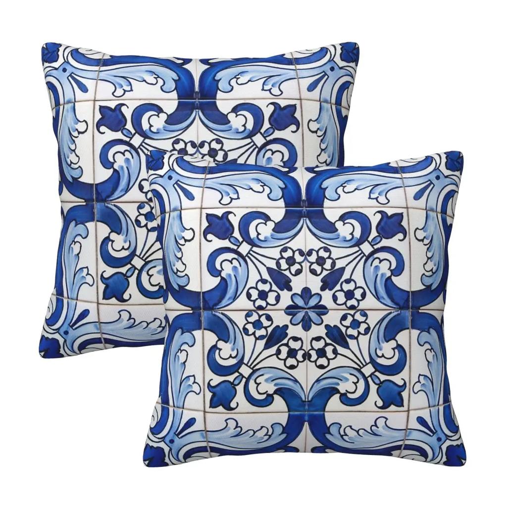 Antique Classic Lisbon Blue Azulejo Tile Floral Pattern 2 Pcs Square Pillowcase Pillow Cover Comfort Throw Pillow For Home