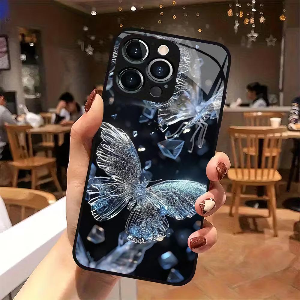 Закаленное стекло для телефона с узором «Алмазная бабочка», подходит для iPhone 17 16 15 14 13 12 11 Pro/Max/Plus, противоударная задняя крышка
