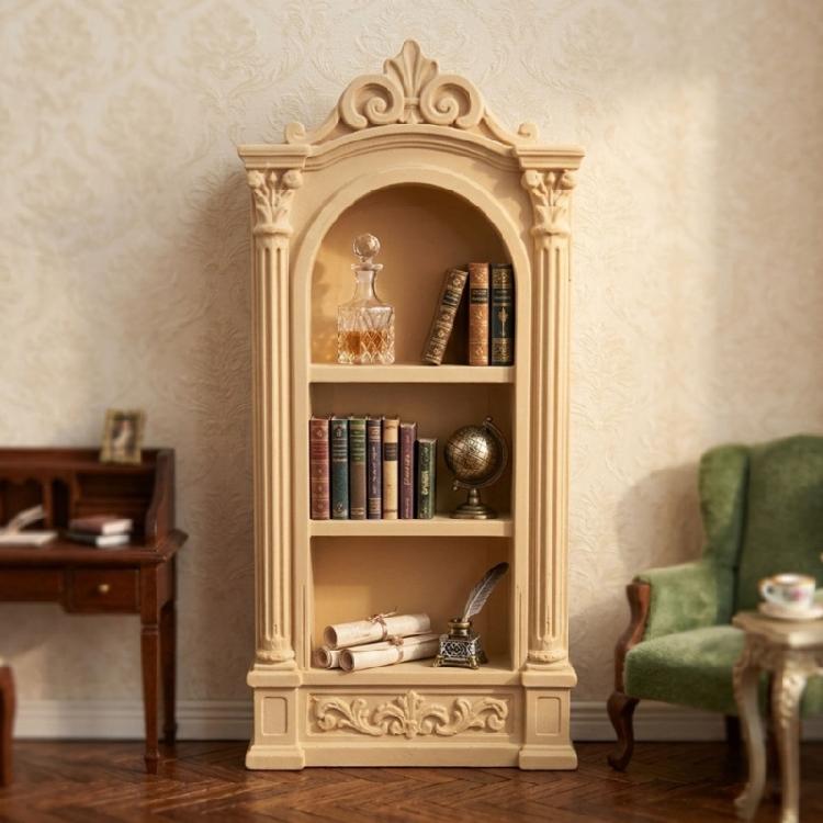 Collectible Display Shelf Miniature for Dollhouses Rooms, Roman Style Resin Bookcase with 3 Level Storage for Tiny Books and Layout Accent Use