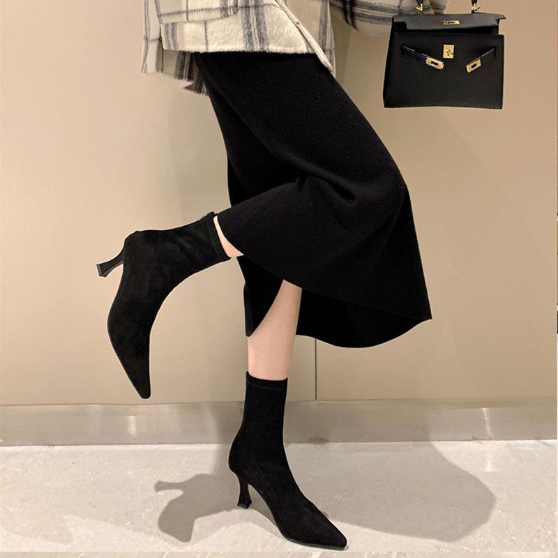Brown Short Boots Women's High Heel Fine Heel Suede Pointed Rear Zipper New Winter Korean Version Elastic