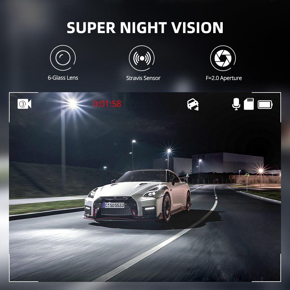 Автомобильный видеорегистратор AZDOME M01 Pro с 2 камерами переднего и заднего вида, разрешение 1080P, 3-дюймовый IPS-экран с картой памяти 64 ГБ, ночное видение, ADAS G-сенсор, круглосуточный режим парковки