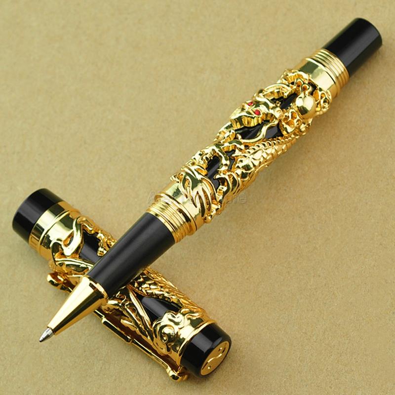 Ручка-роллер Jinhao Business Dragon Phoenix, Металлическая с гравировкой и тиснением, Тяжелая, Золото и Черный, Для профессионального подарка