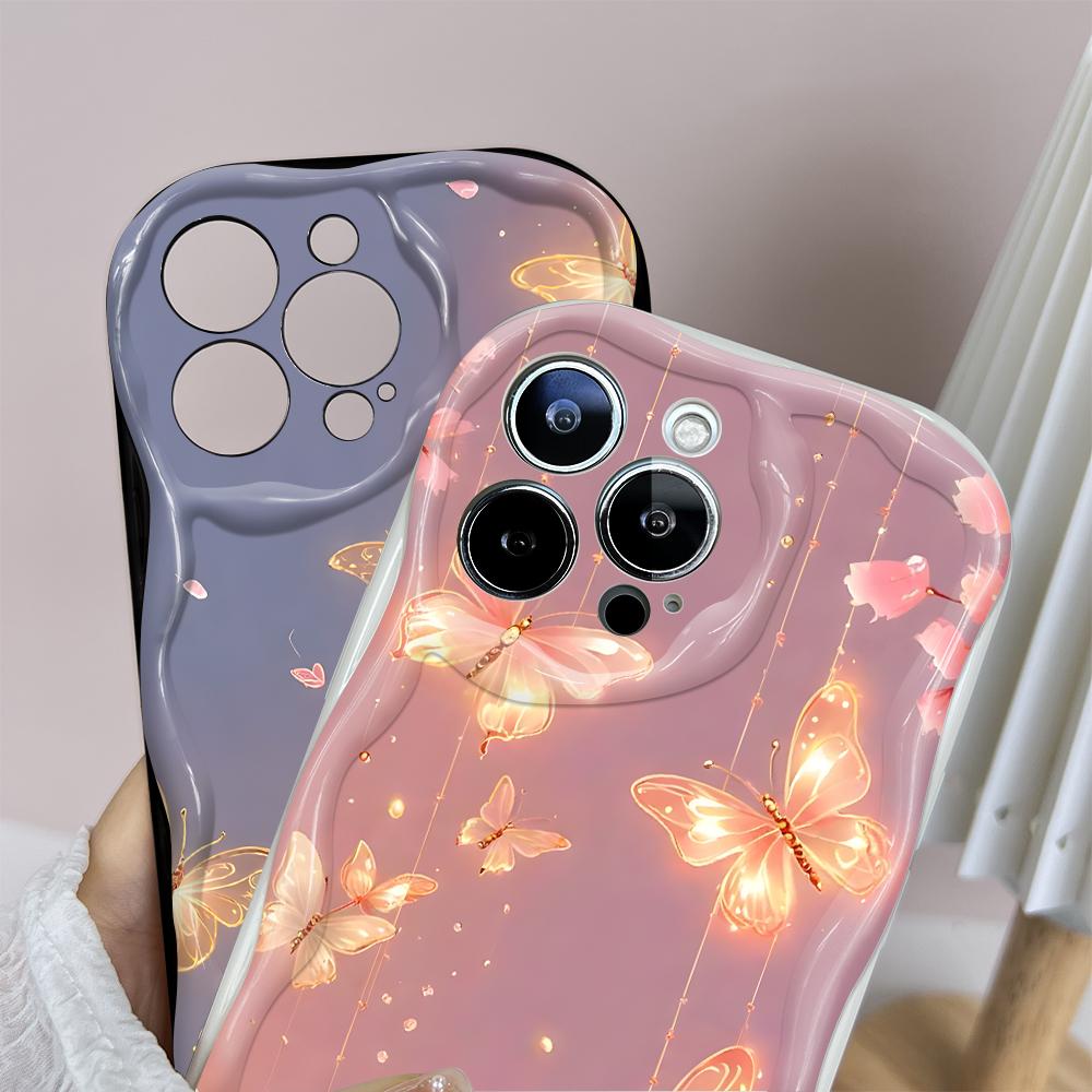 Для iPhone 16 15 14 13 12 Pro Max Samsung S24 Ultra S23 S22 Plus Redmi Note 13 Pro чехол с рисунком в виде цветов и бабочек и мягким волнистым краем