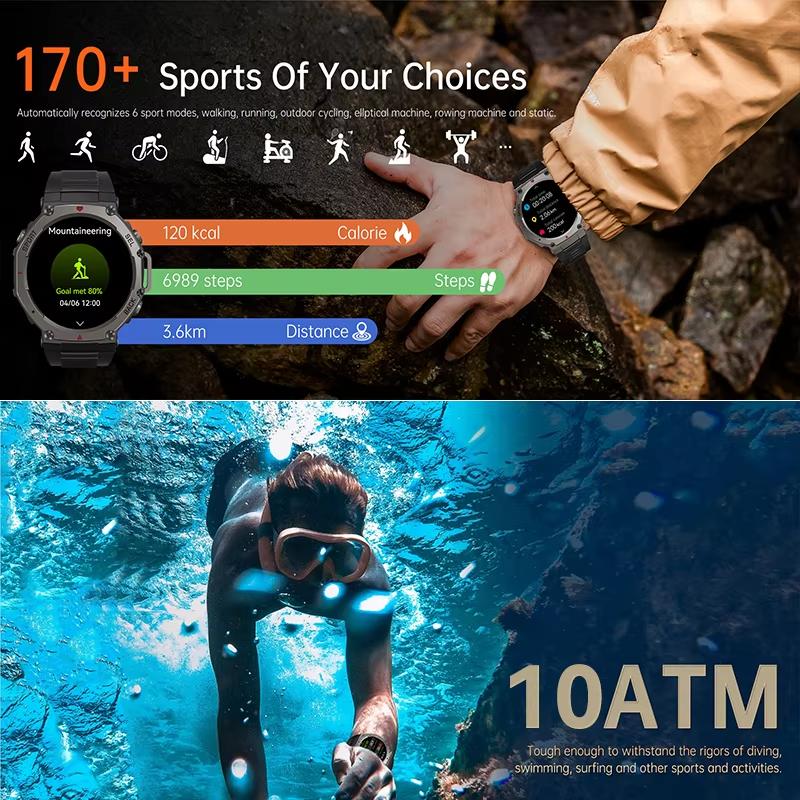 T-Rex 3 Built-in Dual-band GPS Military SmartWatch Men Compass Altimeter Barometric 10ATM&IP69K Waterproof 170+ Sport Smartwatch