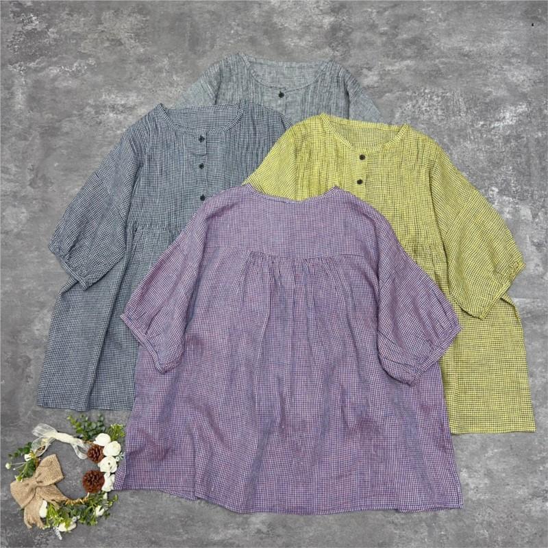 Johnature Японские плиссированные рубашки с круглым вырезом-аккордеоном, летние клетчатые универсальные топы с короткими рукавами, тонкие тонкие