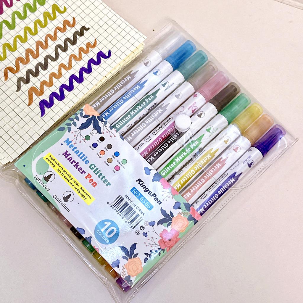 10 шт. Металлические блестящие маркеры с двумя наконечниками, с кисточкой и тонкими наконечниками, для альбомов «сделай сам», черных карточек, скрапбукинга, товаров для творчества