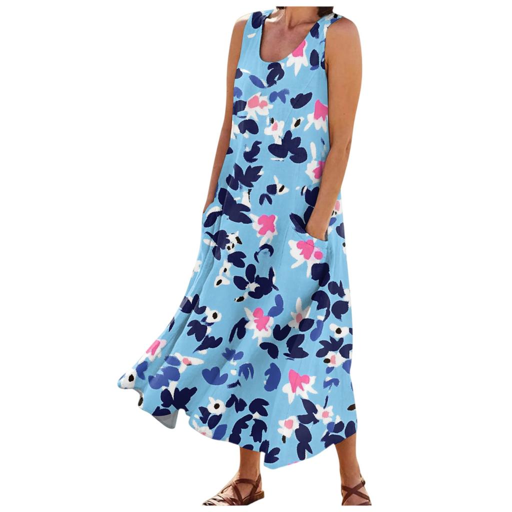 Женские модные летние повседневные платья без рукавов с цветочным принтом и маленькими карманами