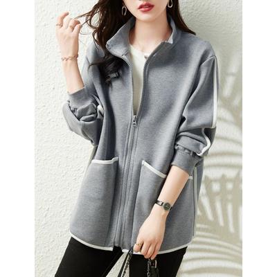 Уютная флисовая куртка с воротником-стойкой, женская, свободного кроя, из чистого хлопка, с цветными блоками, на молнии, с карманами, свитер