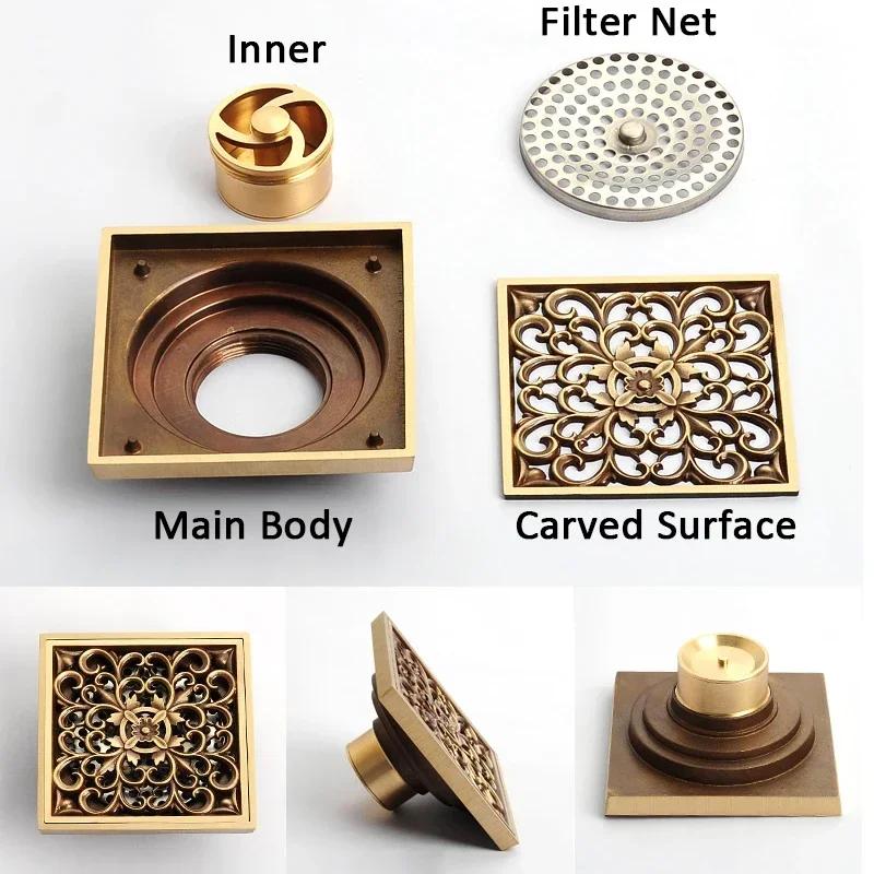 Euro Square Floor Drains Antique Brass Shower Hardware Bathroom Accessories Floor Drain Deodorant Floor Drain Strainer Cover