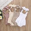 Baby Summer Jumpsuit Outfit Solid Color Ruched Toddler Girl Casual Sleeveless Suspender Rompers and Headband