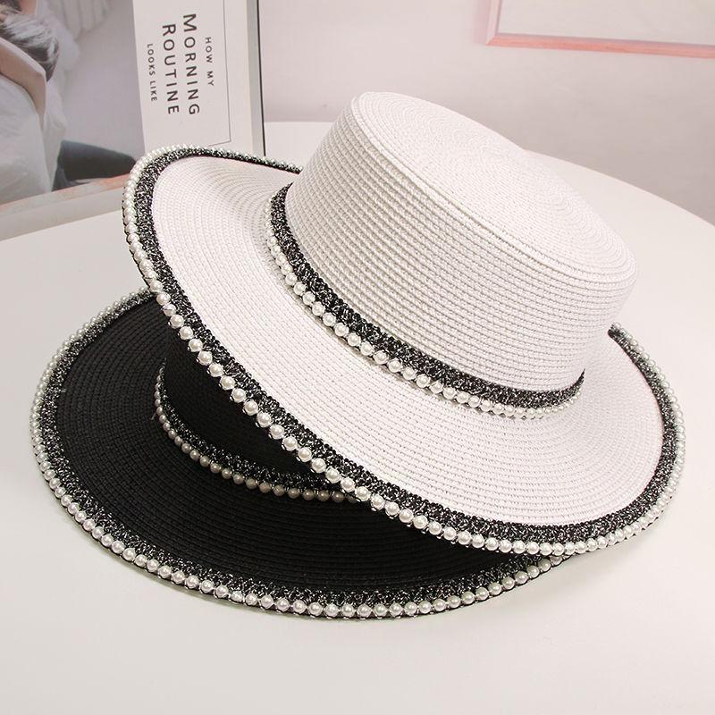Retro Pearl Lace Flat Top Straw Hat Trendy Women's Summer Outing Beach Sun Protection and Sunshade Hat Beach Hat
