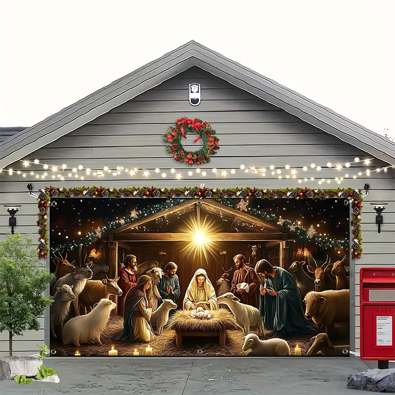 A large Christmas Nativity scene garage door - designed with festive starlight sky and angel's light made of polyester