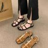 2024 Summer New Fashion Square Head Flat Bottom Soft Sole Roman Sandals Women's Shoes Niche French Temperament Black Sandals