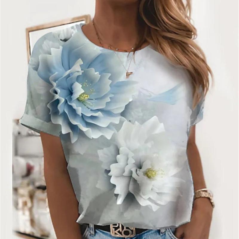 2023 New Women's Summer Short Sleeve T-shirt 3D Floral Print Round Neck Loose Casual Style T-shirt