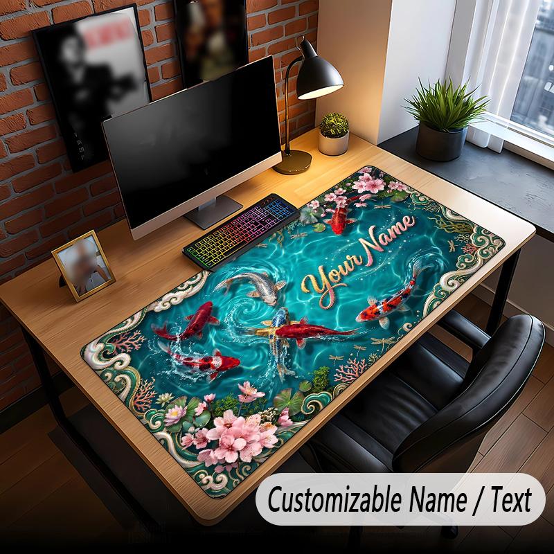 Koi Fish Theme Custom Mouse Pad Personalized With Name Text Customized Desk Mat For Office Home Decor