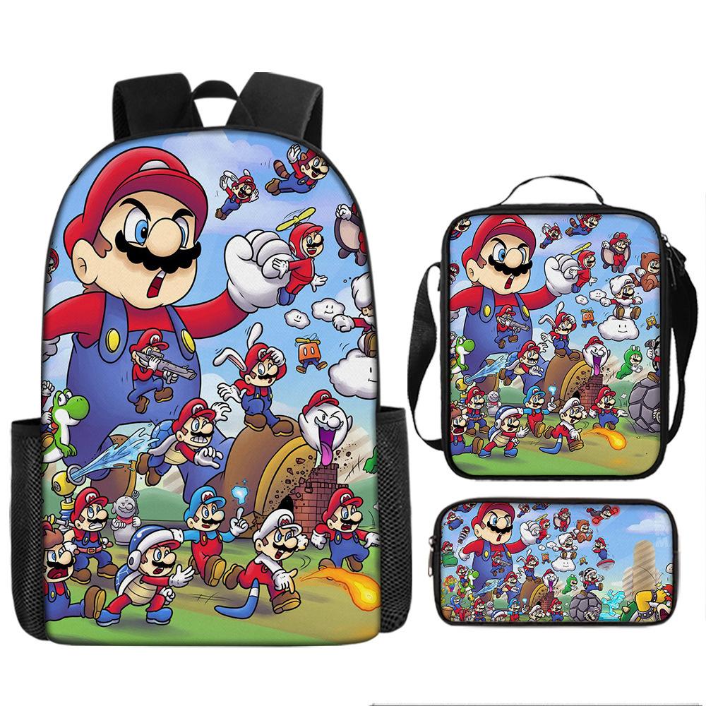 Super Mario Cartoon Backpack Set, Princess Peach School Bookbag, Polyester 3-Piece, Gaming Themed Backpack