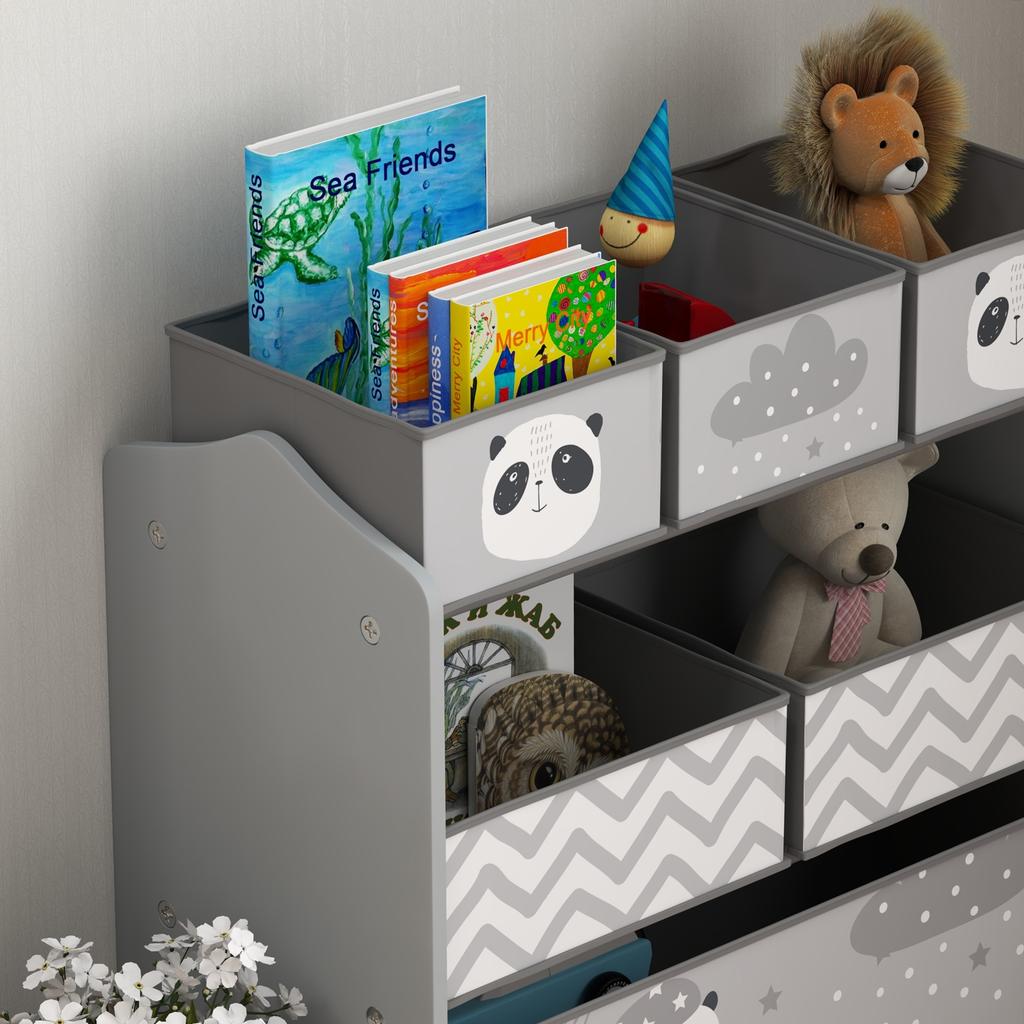 Kids Storage Unit, Toy Storage Organiser, with Six Fabric Bins, for Bedrooms, Playrooms, Nurseries - Grey