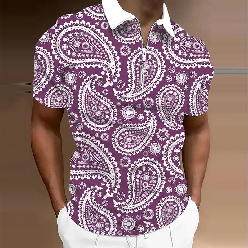 Мужская рубашка поло повседневная на молнии с коротким рукавом модная повседневная на молнии лето весна обычный крой рубашка с 3D ретро принтом