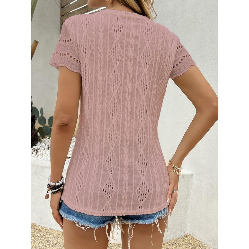 GMXIA Spring Summer Fashion Round Neck Hollow Short Sleeve Round Neck T-shirt Top Woman
