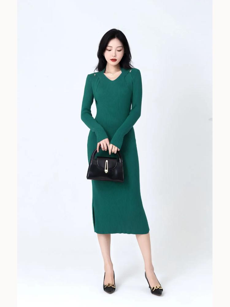 Элегантное женское трикотажное платье, темпераментное ретро-платье с вырезом, осень-зима, модные женские платья с длинными рукавами и юбкой для женщин 2025