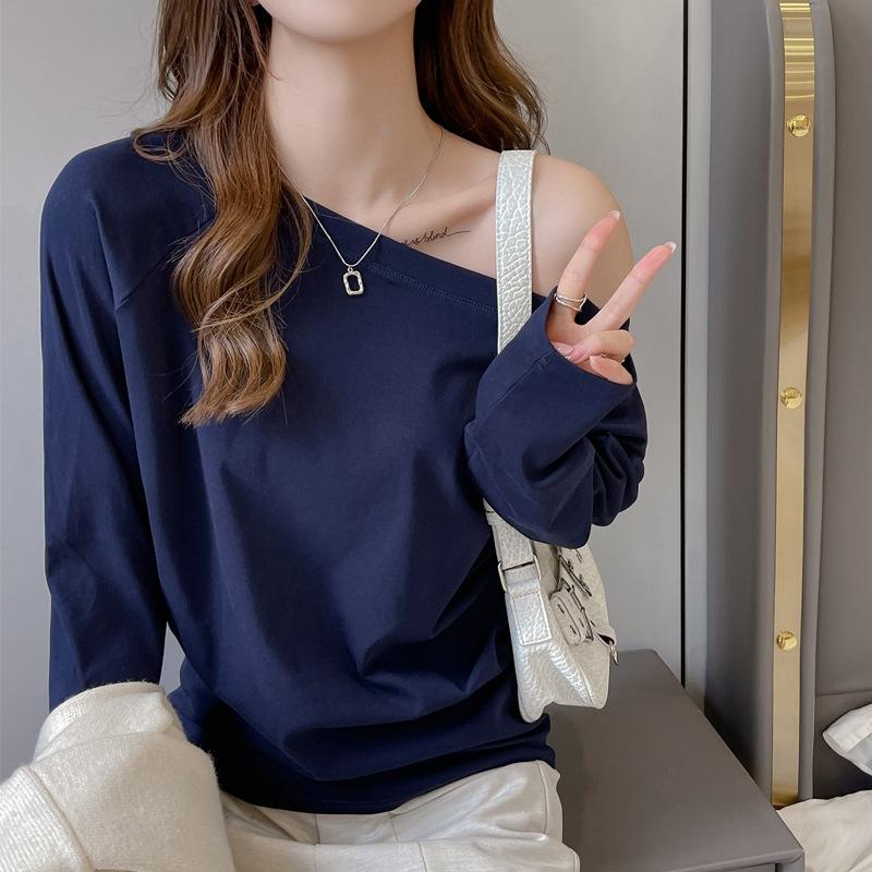 Футболка с открытыми плечами и длинными рукавами для ранней весны и осени, женская базовая рубашка свободного кроя, можно носить как верхнюю одежду