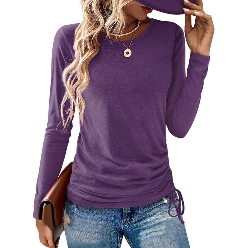 Women's Fashion Round Neck Solid Color Long Sleeve Side Drawstring Loose Casual Hoodie T-shirt Top
