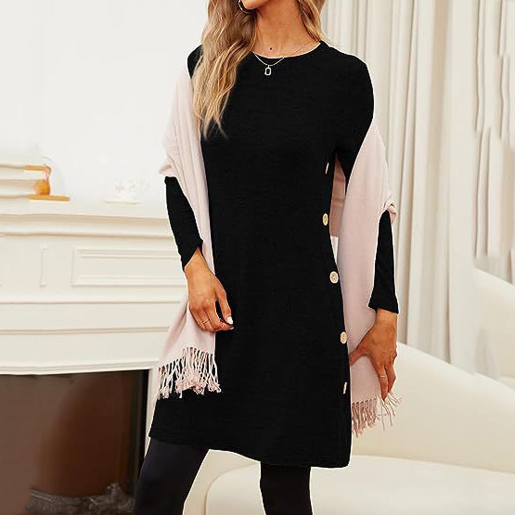 Женское повседневное платье с круглым вырезом, разрезом по подолу и длинными рукавами