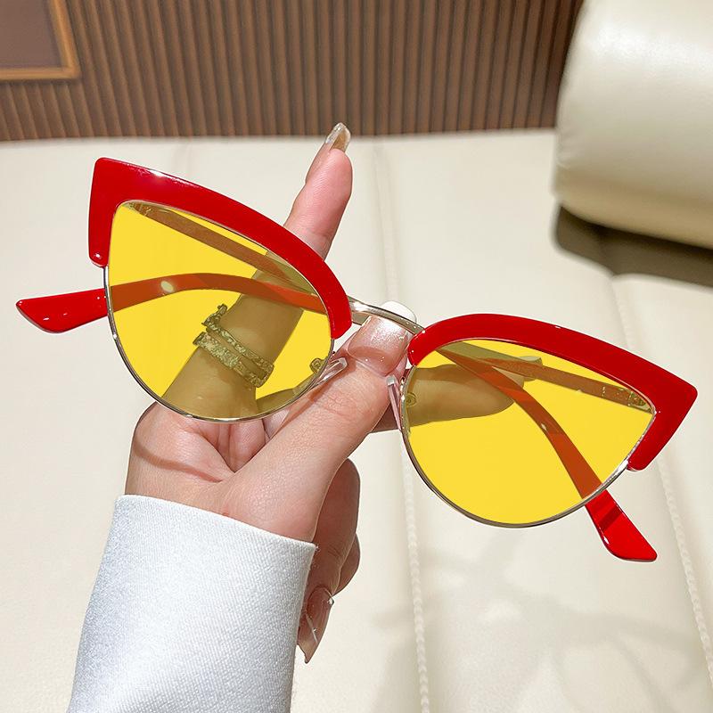 Metal Half-Frame Night Vision Anti-Blue Light Glasses Orange & Red Lenses Unisex Fashion Cat-Eye Gaming Eye Protection Glasses