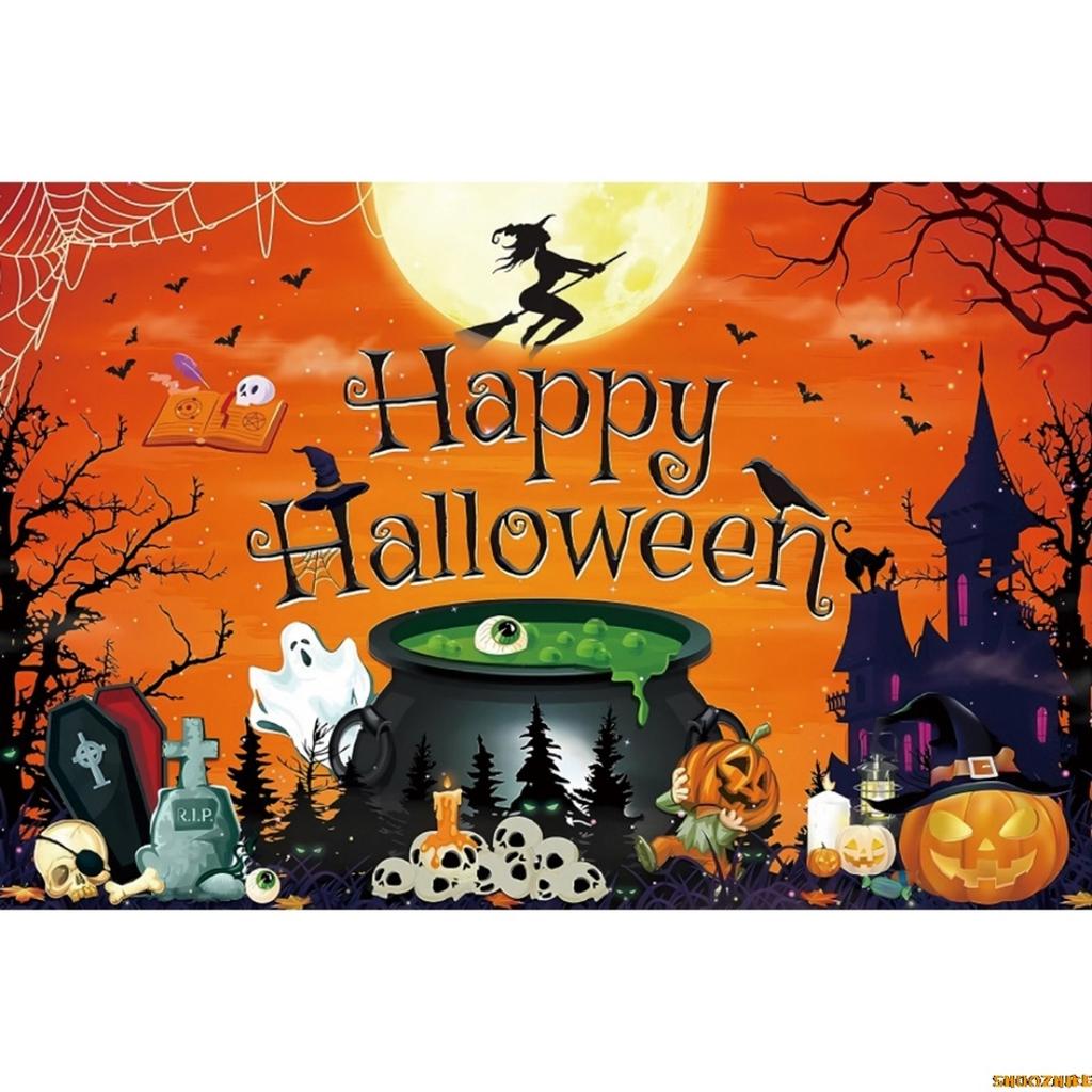 1 шт. Оранжевый фон для вечеринки «Счастливого Хэллоуина» с луной, тыквой, летучими мышами, ведьмой, пыленепроницаемый баннер для украшения вечеринки в стиле Хэллоуина
