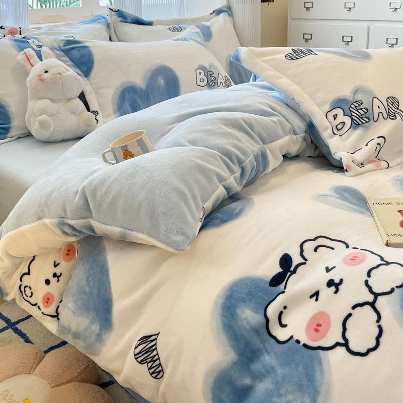 Winter new milk fleece four-piece set, high gram weight thickened bed sheet quilt cover, household bedroom warm four-piece set