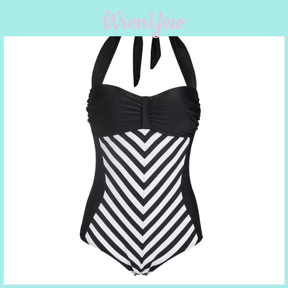 Elegant Plus Size Racy Black Halter Low Cut Beachsuit For Striped Swimwear Women