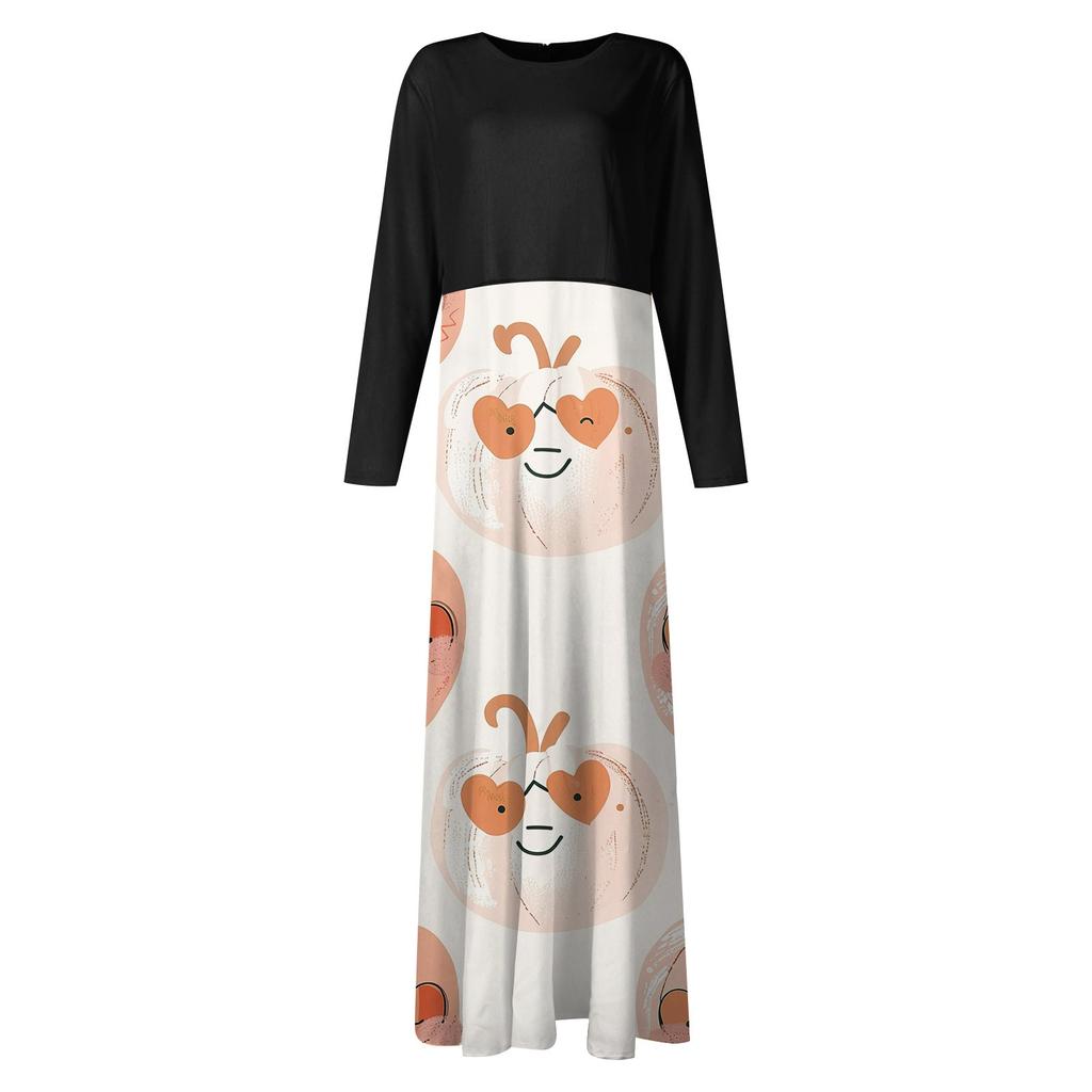 Женское модное повседневное платье макси с круглым вырезом и длинными рукавами