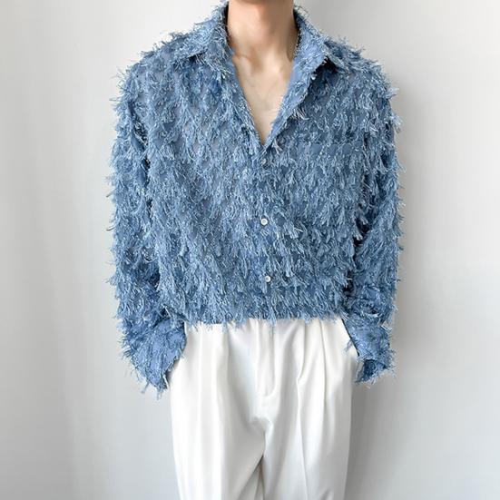 Мужская рубашка с нагрудным карманом и кисточками, отложным воротником, однобортная, с длинными рукавами, однотонная