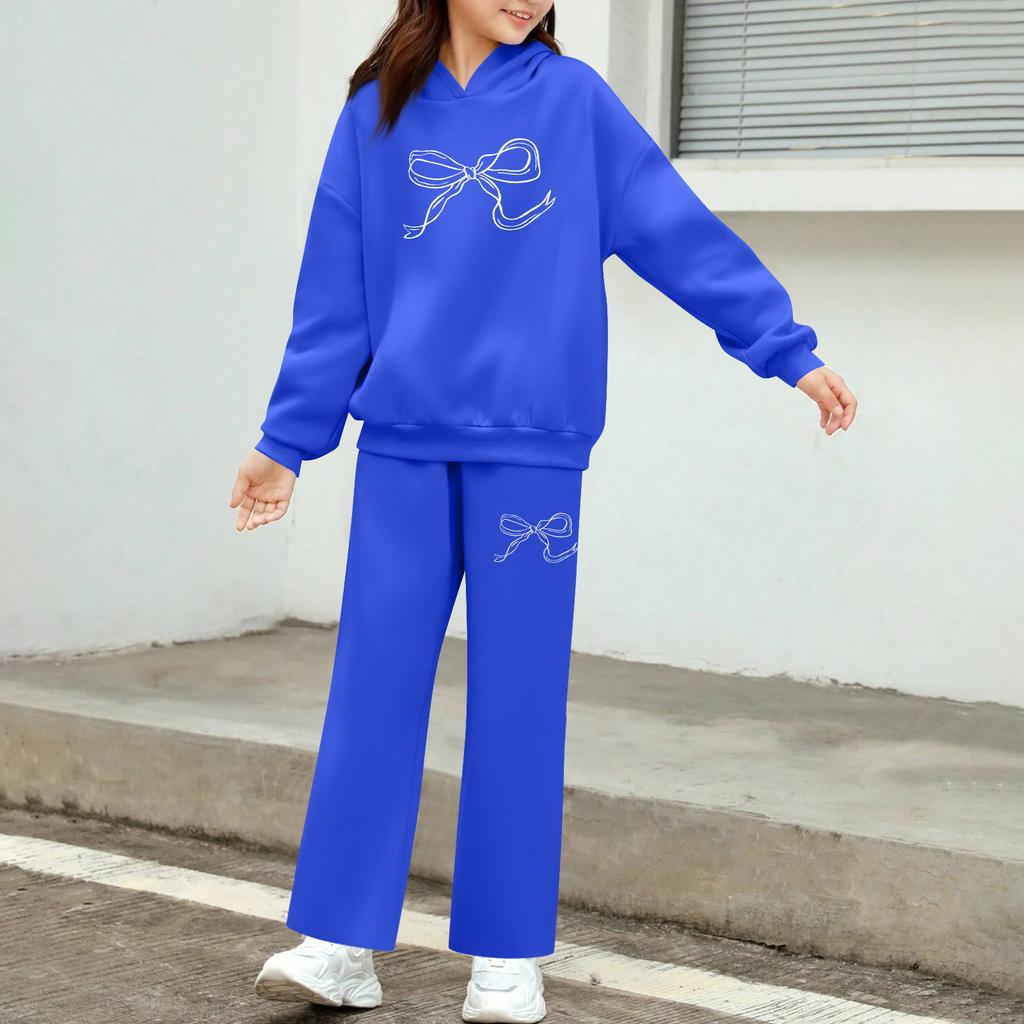 Kids' Plush Long Sleeve Long Pants Loose Pullover Bow Print Hoodie Set