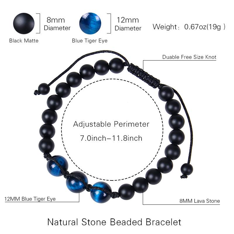 Браслет из матового черного камня ручной работы с тигровым глазом 12 мм для пар