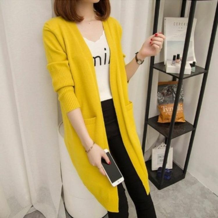 Вязаный кардиган средней длины, женский корейский свободный свитер, ленивый стиль, однотонный свитер с длинными рукавами, куртка для осени и зимы