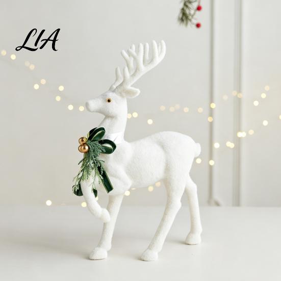 Winter Theme Table Centerpieces White Flocked Elk Ornament, Ribbon Bell Decor 3D Standing Deer Elegant Plastic Christmas Crafts Figurine, Decorative