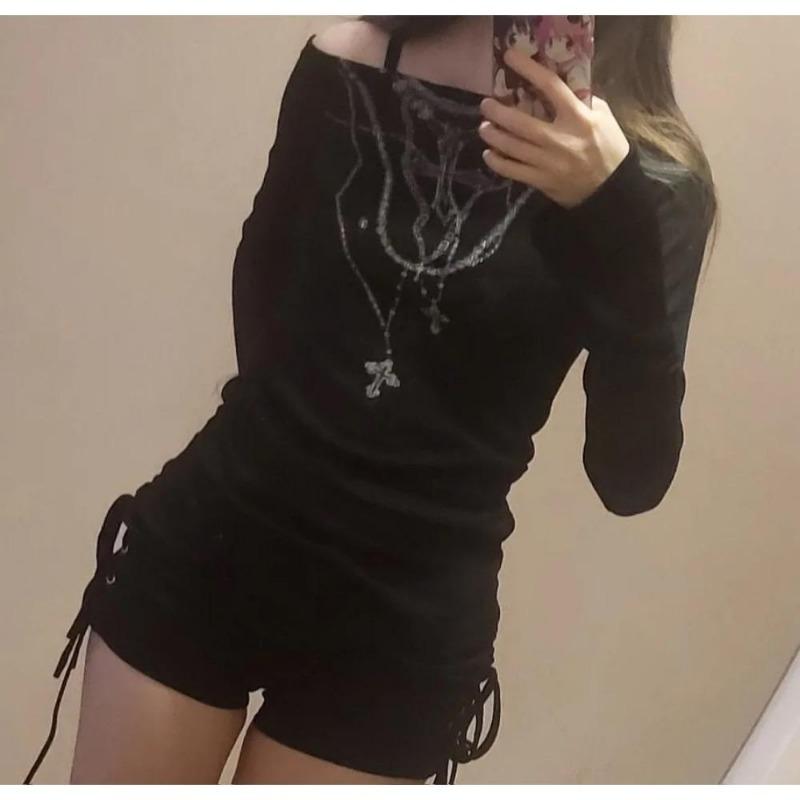 2KWEIRD Японские вязаные топы Y2k Гранж принт тату Футболка с длинным рукавом В рубчик Винтаж Харадзюку Трикотаж с присборками 2000-е Готика