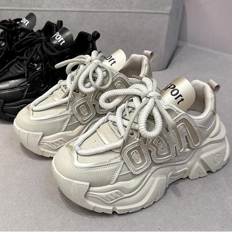 Женские кроссовки на толстой платформе, модные, осенние, новые, черные, на платформе, кроссовки для женщин, нескользящая, толстая подошва, спортивная обувь