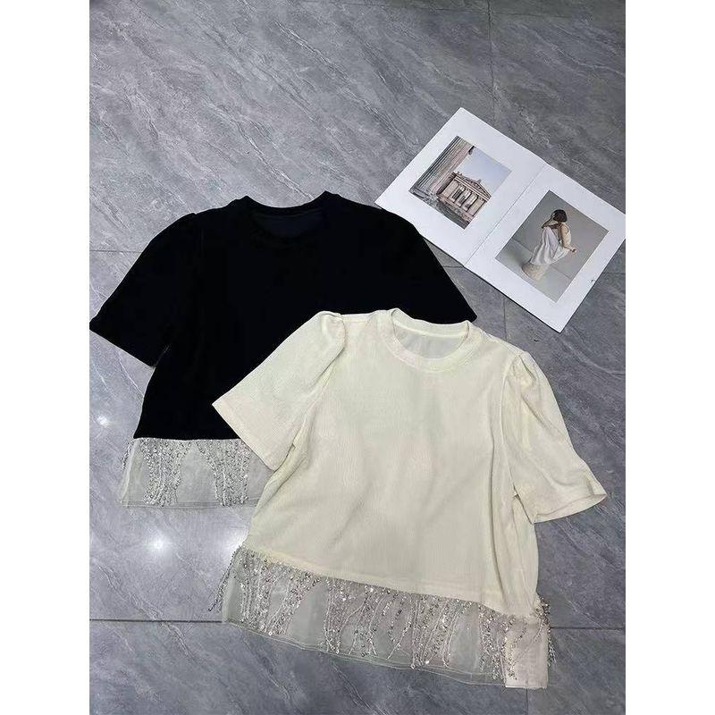 Look At the Detail Tassel Design! Western Style Girls' Summer Stretch Cotton Yarn Black and White Color Matching Round Neck Pullover T-shirt 2025