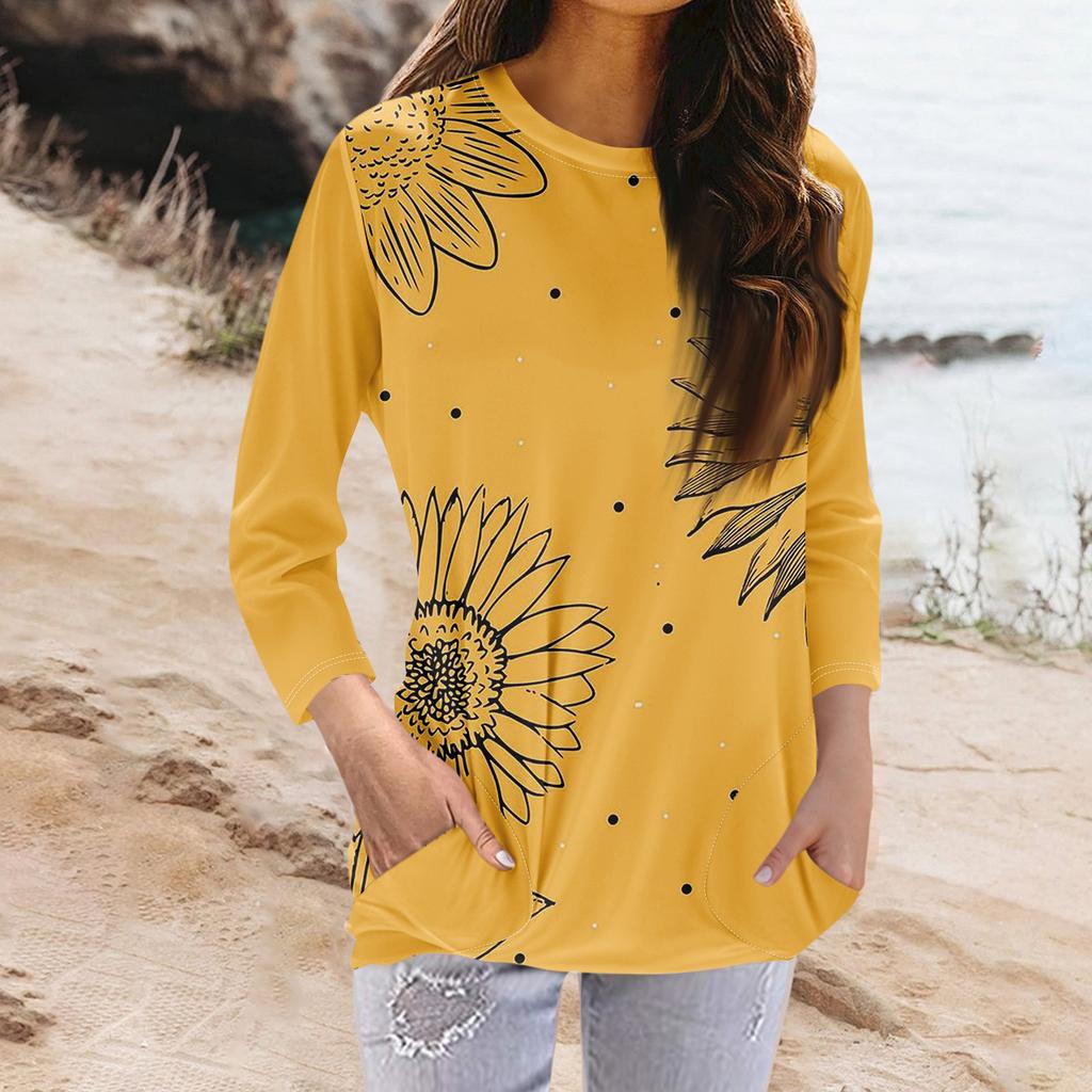 Женская модная повседневная футболка с карманом и круглым вырезом с рукавами 3/4 и топом