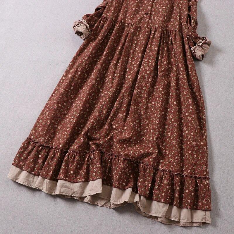 Осеннее японское женское платье Mori с цветочным принтом и деревянными ушками, литературный повседневный полукардиган средней длины, женская юбка с длинными рукавами