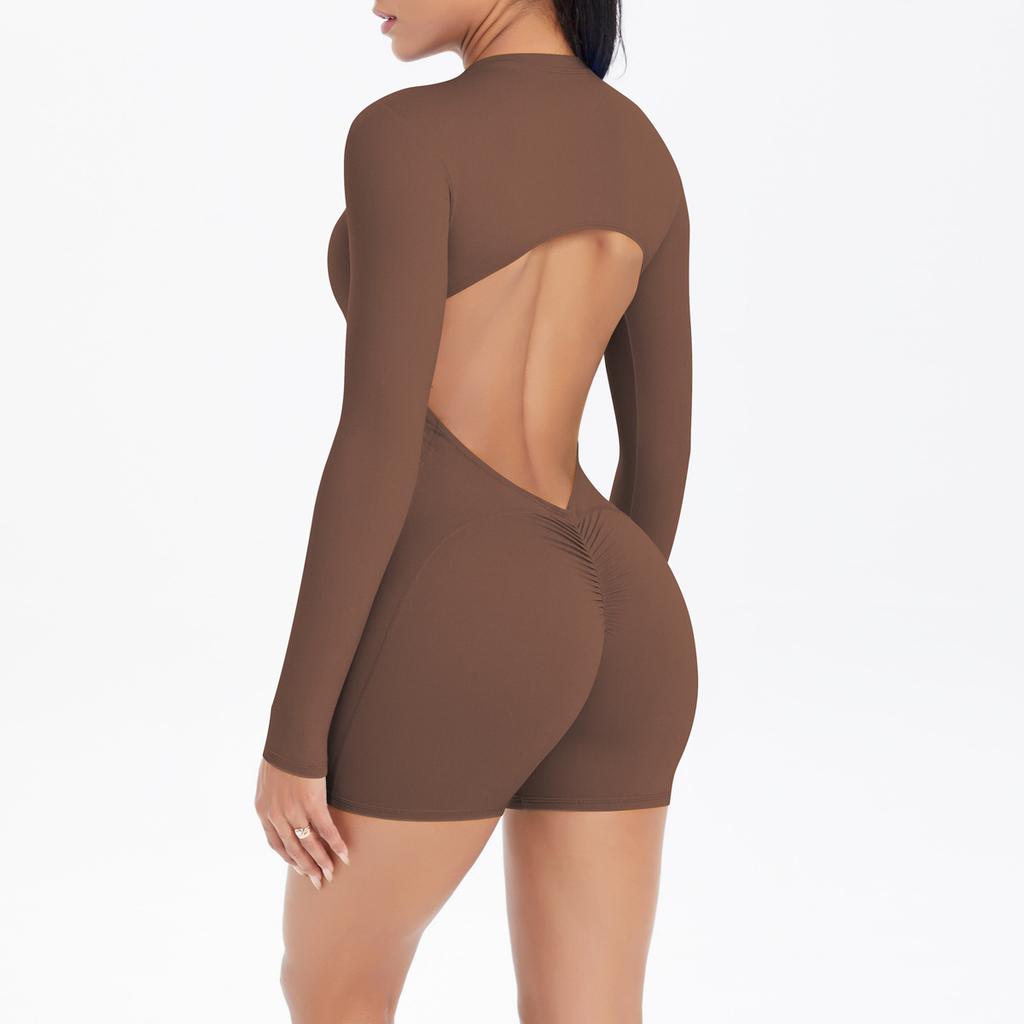 Комбинезон с вырезами на спине, без спины, на молнии до середины, с персиковыми ягодицами для спорта, фитнеса, бега и йоги. Женский комбинезон